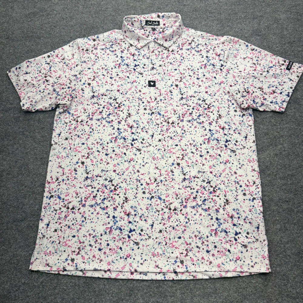 Bad Birdie Mens XL Golf Polo Shirt White Paint Splatter Short Sleeve Athletic